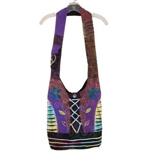 KPC Boho Hippie Hobo Bag Crossbody Flowers Peace Symbol Whimsigoth Pockets